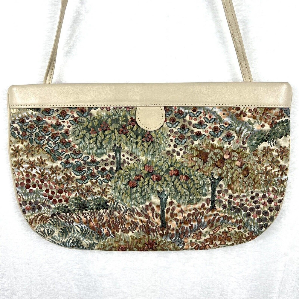 Vintage Calderon Tapestry Carpet Bag Purse Cross Body or Big Clutch Leather Trim